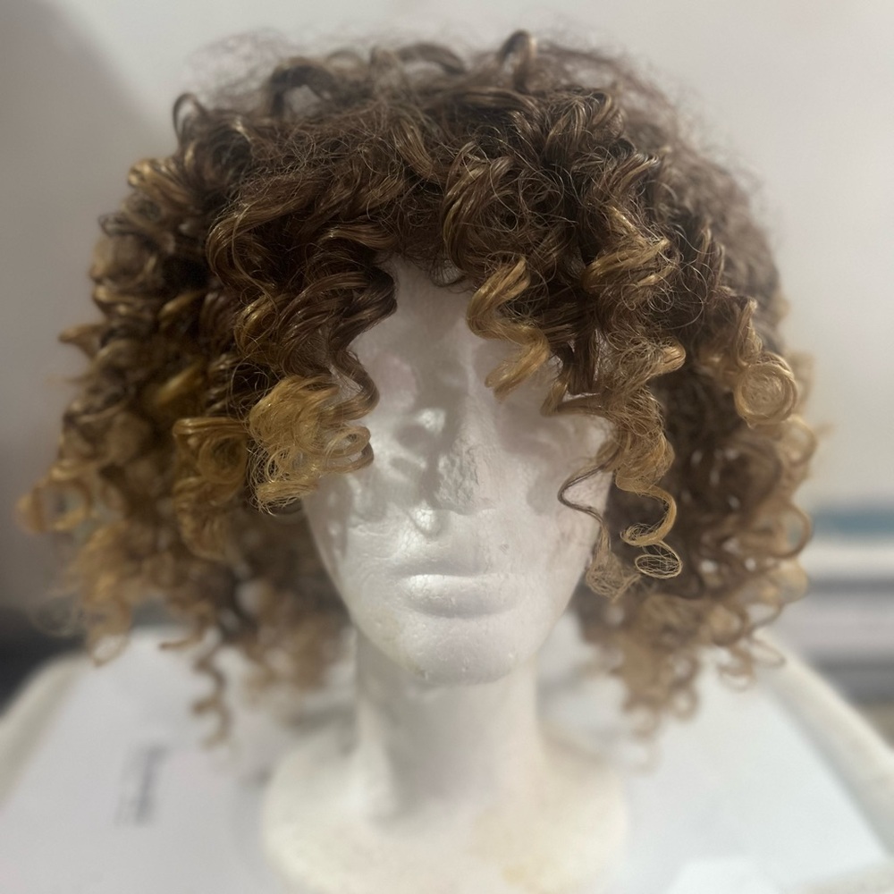 Curly Synthetic Wig - Brown with Blonde Highlights